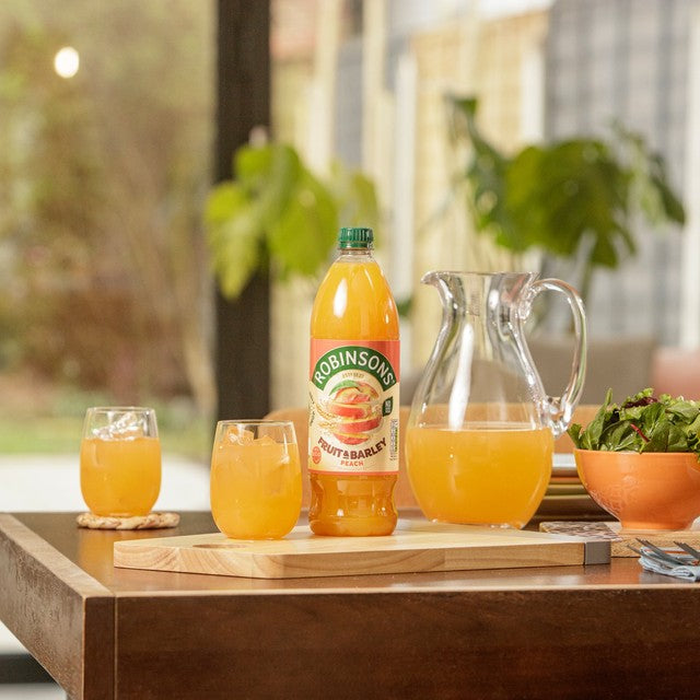Robinsons peach barley squash no added sugar bottle, imported from the UK