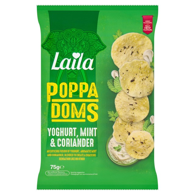 Laila mini poppadoms yoghurt mint coriander 75g, UK version