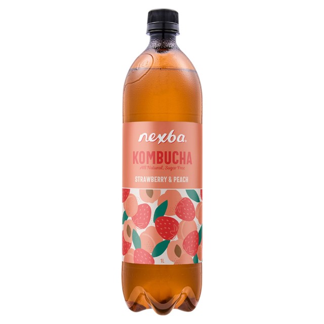 Nexba Strawberry & Peach Kombucha 1L, imported from the UK
