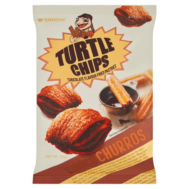 Orion Turtle Chips Choco Churros Chocolate Flavour 80g, imported from the UK