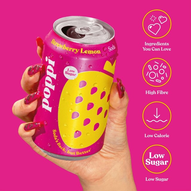 Poppi strawberry lemon soda 330ml cans, UK version