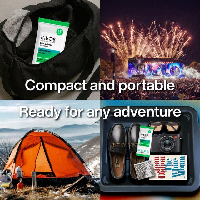 INEOS Deodorant Wipes Geranium Mint 15 Pack, UK version