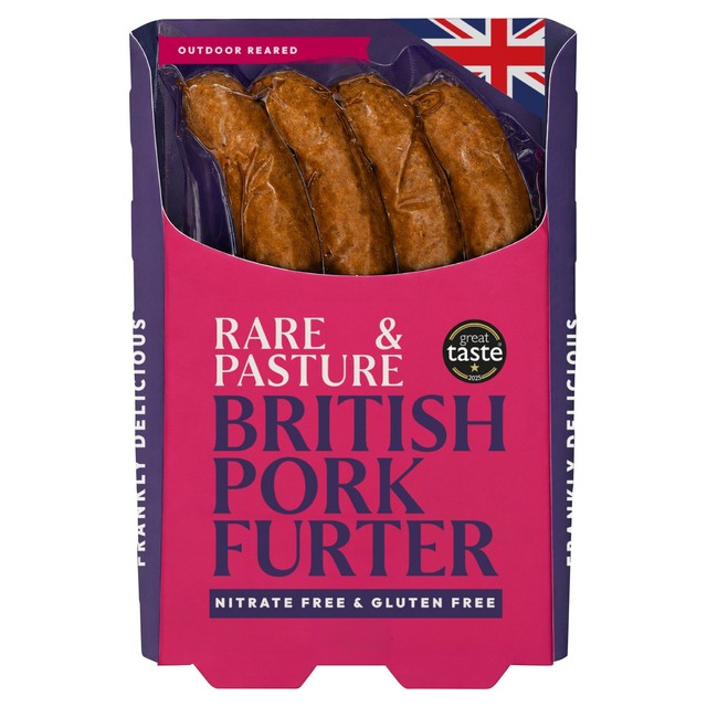 Rare & Pasture nitrate free pork hot dogs, imported from the UK
