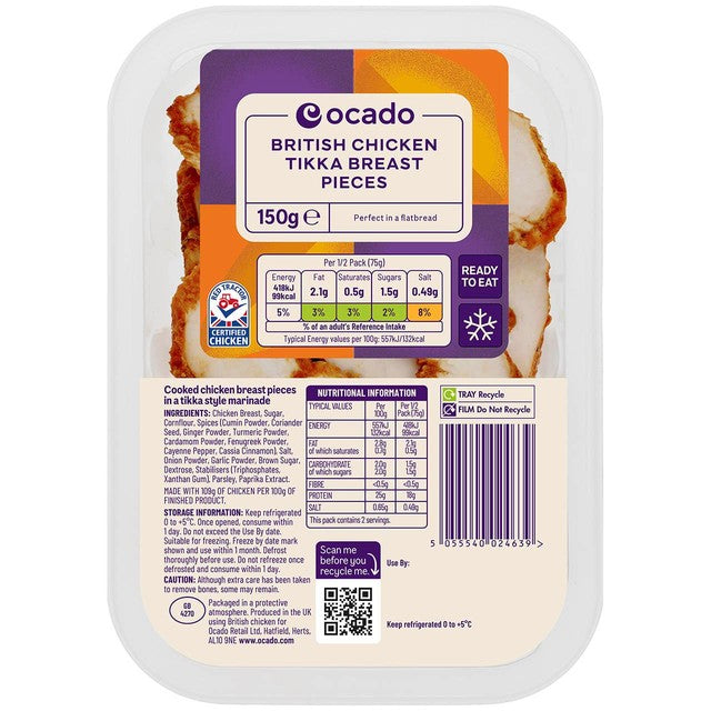 Ocado chicken tikka breast pieces 150g, imported from the UK