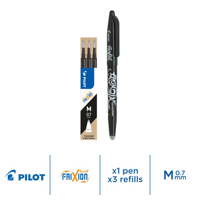 Pilot FriXion Ball erasable rollerball pen with 3 black refills, imported from the UK