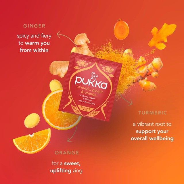 Pukka Turmeric Ginger Orange tea bags x20, imported from the UK