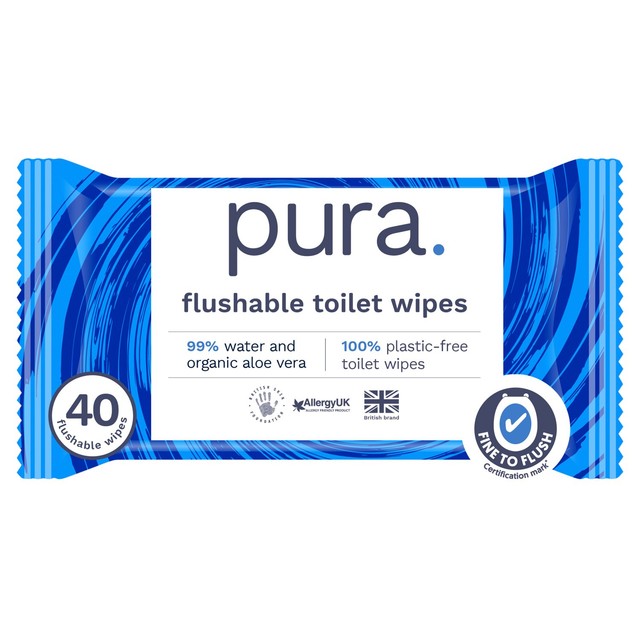 Pura Flushable Toilet Wipes 40 Pack, imported from the UK