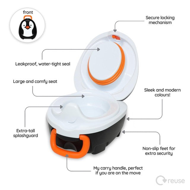 My Carry Potty penguin-themed portable potty for toddlers, imported from the UK