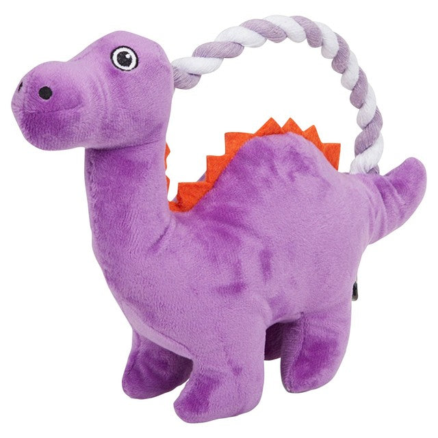 Petface Buddies rope handle plush dino dog toy, imported from the UK