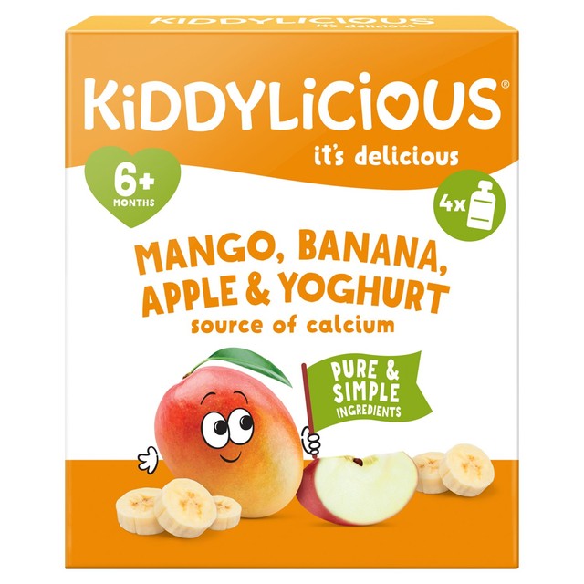 Kiddylicious baby pouch mango banana apple yoghurt multipack 6+ months, imported from the UK