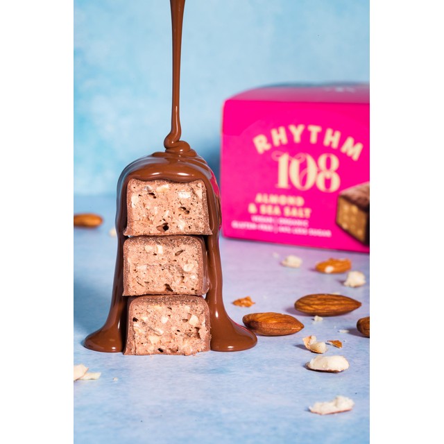 Rhythm 108 vegan almond and sea salt chocolate bar 33g, imported from the UK