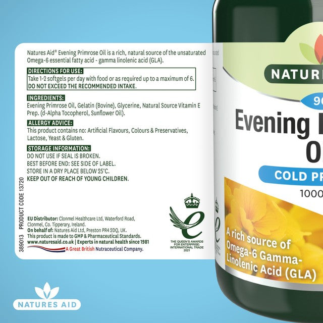 Natures Aid Evening Primrose Oil soft gel capsules 90 count, imported from the UK