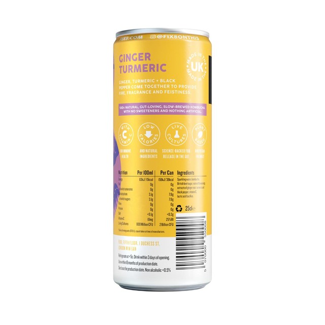 Fix8 ginger turmeric kombucha soda 250ml - British product