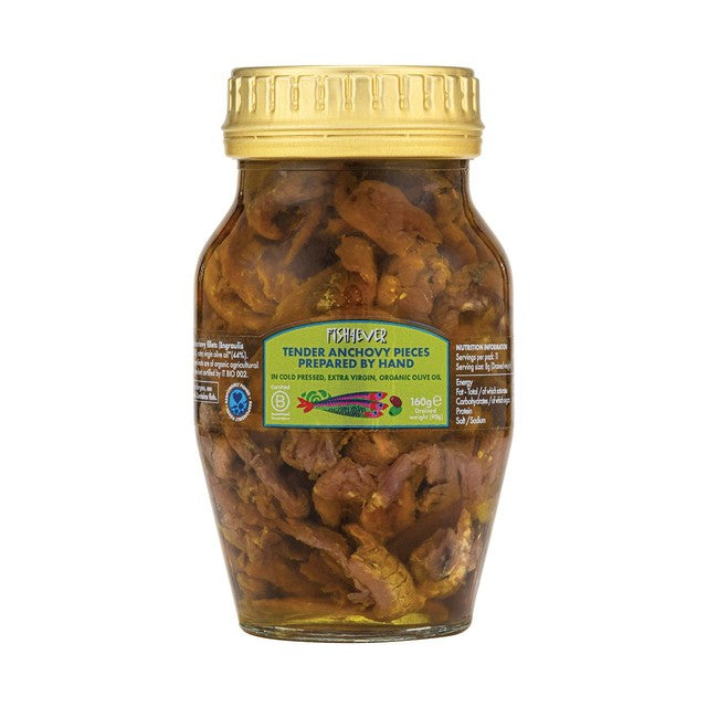 Fish4Ever anchovy pieces in organic extra virgin olive oil, imported from the UK