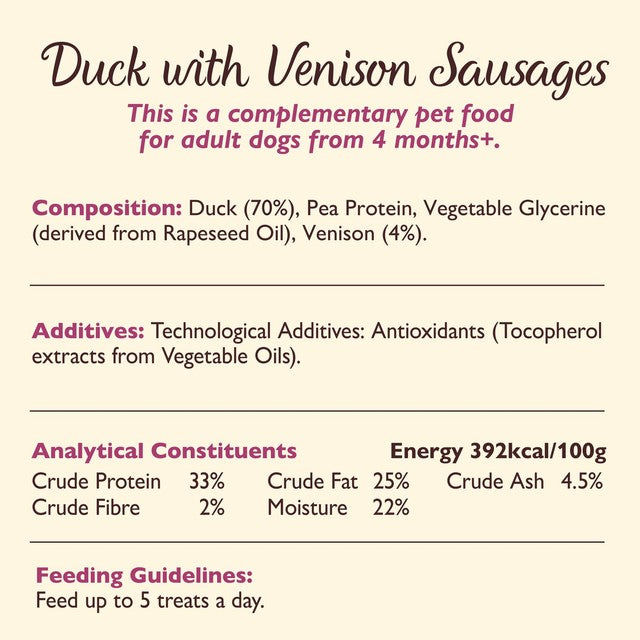 Lily's Kitchen duck and venison dog sausages 70g, UK version
