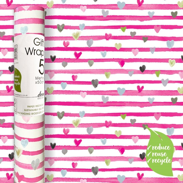 Deva Designs pink ribbon hearts patterned gift wrap roll, imported from the UK