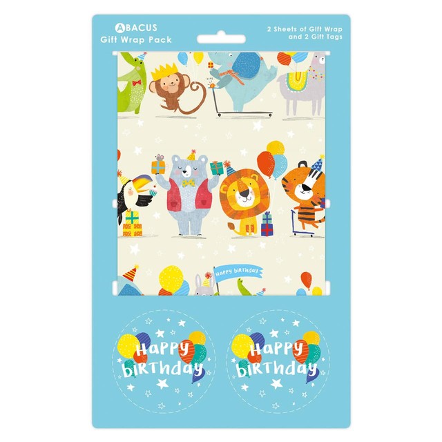 Abacus animal party gift wrap pack with two sheets and tags, imported from the UK