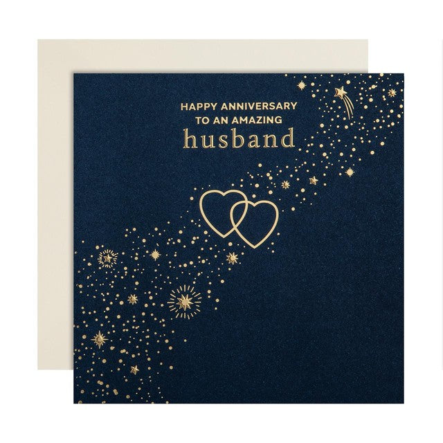 M&S Gold Hearts Husband Anniversary Card 15x15cm, imported from the UK