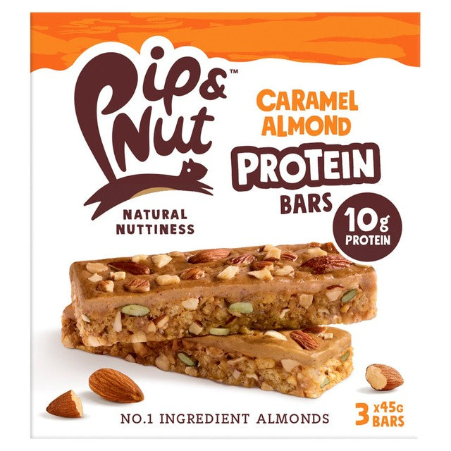Pip & Nut caramel almond protein bars 3 x 45g, imported from the UK