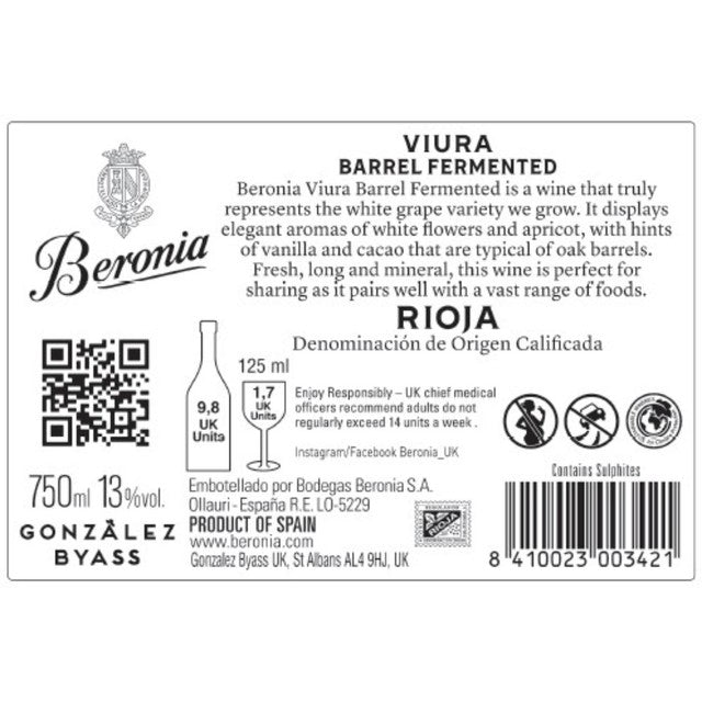 Beronia Rioja Barrel Fermented Viura white wine 75cl - British product
