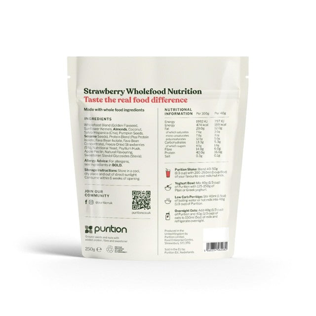 Purition Strawberry Wholefood Nutrition Powder 250g, imported from the UK