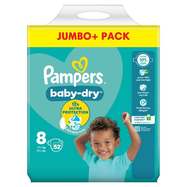 Pampers Baby-Dry nappies Size 8 Jumbo+ Pack, imported from the UK