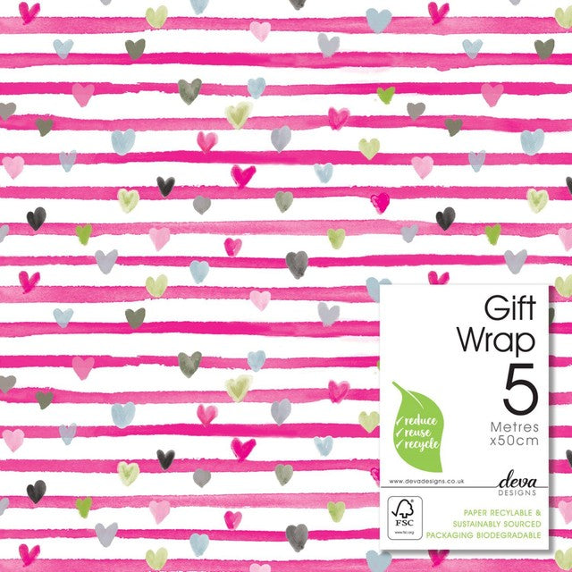 Deva Designs pink ribbon hearts patterned gift wrap roll, imported from the UK