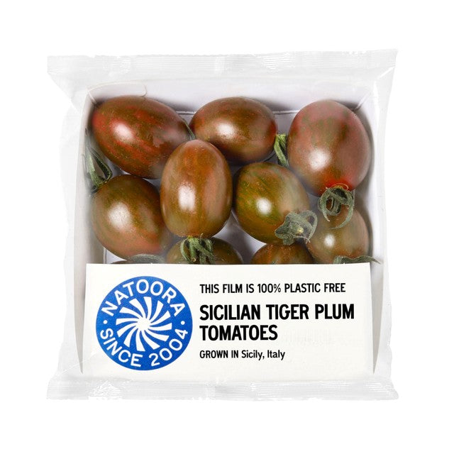 Natoora Sicilian Tiger Plum Tomatoes 200g, imported from the UK