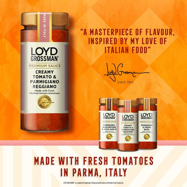 Loyd Grossman creamy tomato and Parmigiano Reggiano pasta sauce (British brand)