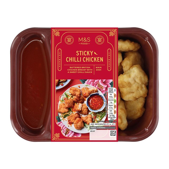 M&S Sticky Chilli Chicken ready meal 370g, imported from the UK
