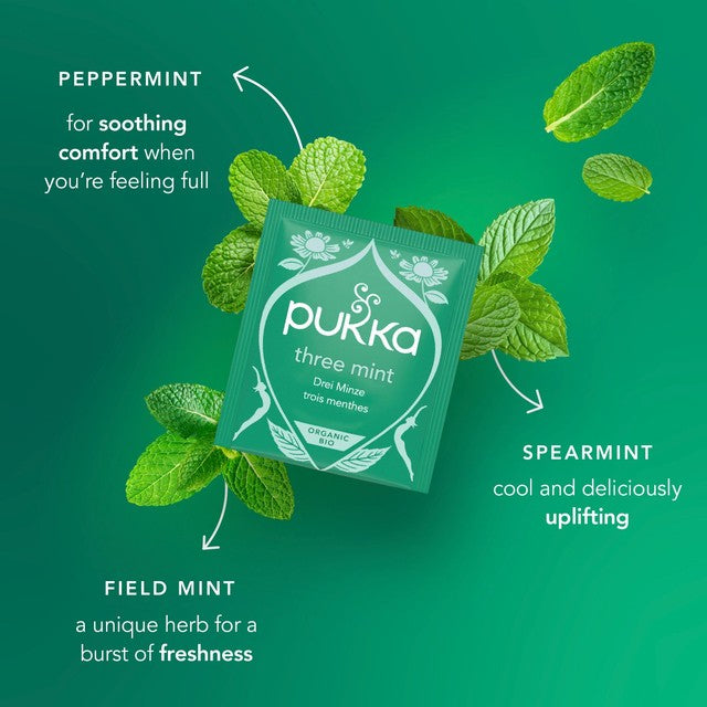 Pukka Three Mint Herbal Tea 40 bags, imported from the UK