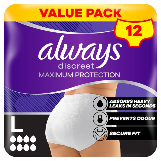 Always Discreet Maximum Protection incontinence pants 12 count - British product