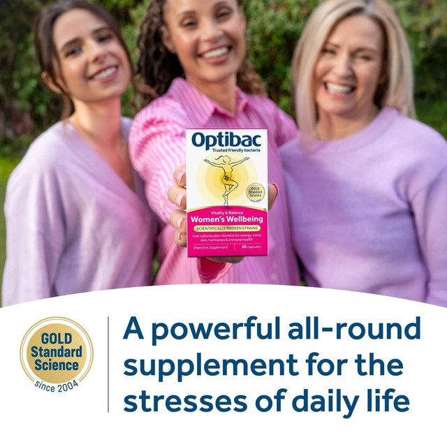 Optibac probiotics women's wellbeing supplement capsule jar, UK version