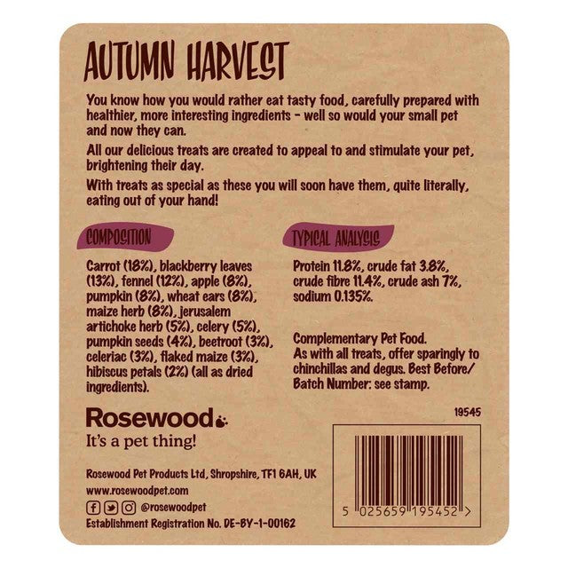 Rosewood Naturals Autumn Harvest small animal treats 150g, imported from the UK
