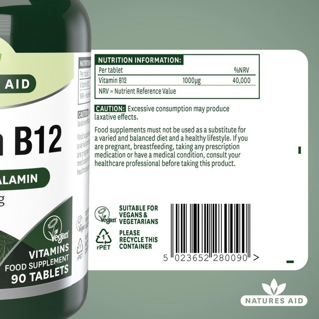 Natures Aid Vitamin B12 tablets 1000ug 90 count, imported from the UK