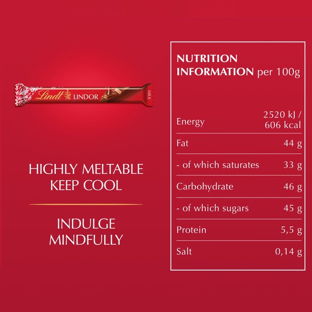 Lindt Lindor milk chocolate bar 38g, UK version