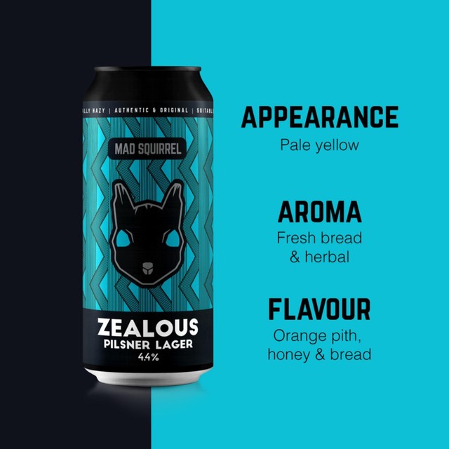 Mad Squirrel Zealous Pilsner 440ml, imported from the UK
