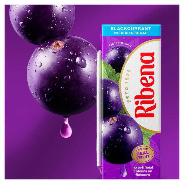 Ribena blackcurrant no added sugar juice carton (British brand)