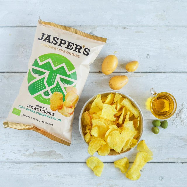 Jasper's Organic potato crisps with extra virgin olive oil 100g, UK version