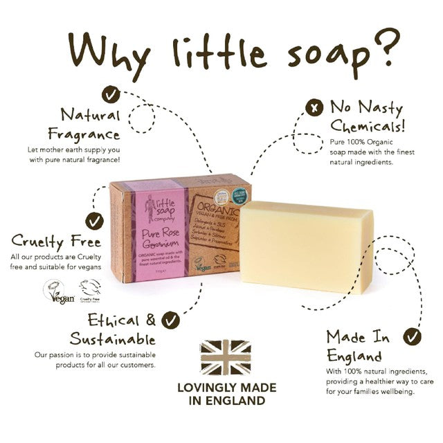 Little Soap Company organic bar soap Rose Geranium 110g, UK version