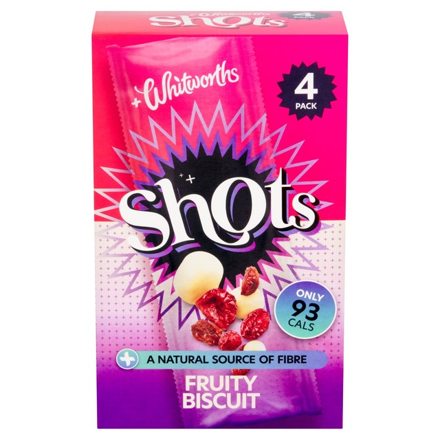 Whitworths Shots fruity biscuit snack with dried fruit and white chocolate 100g (British brand)