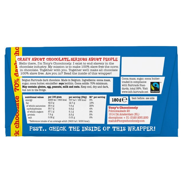 Tony's Chocolonely 70% dark chocolate bar 180g (British brand)
