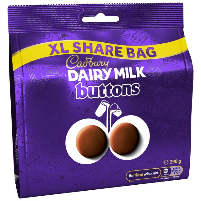Cadbury milk chocolate buttons 290g bag, imported from the UK