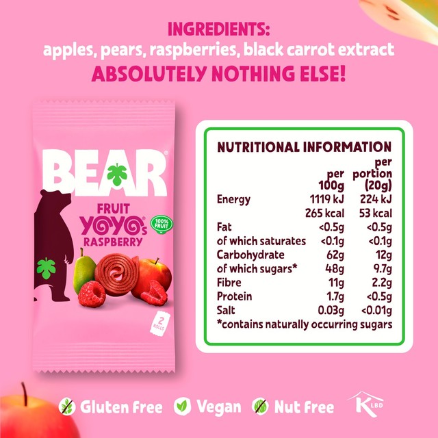 Bear Fruit Yoyos raspberry multipack 5 x 20g - British product