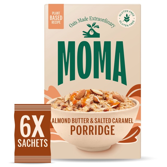 Moma almond butter salted caramel porridge sachets 6x40g, imported from the UK