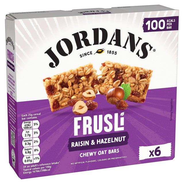 Jordans Frusli Raisins & Hazelnuts chewy cereal bars 6 x 25g, UK version