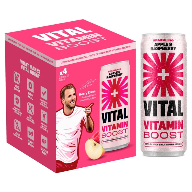 Vital sparkling apple and raspberry vitamin water 330ml, UK version