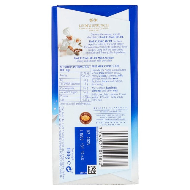 Lindt classic recipe milk chocolate bar 100g, UK version
