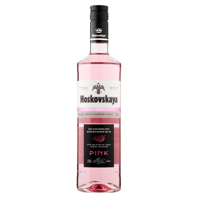 Moskovskaya pink vodka with raspberry and lime flavour 70cl, imported from the UK