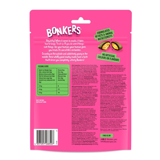 Bonkers Cat Bites Chick N' Cheddar crunchy soft cat treats, imported from the UK
